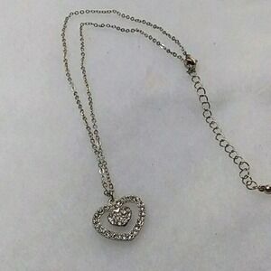 Rhinestone‎ double heart pendant silvertone necklace